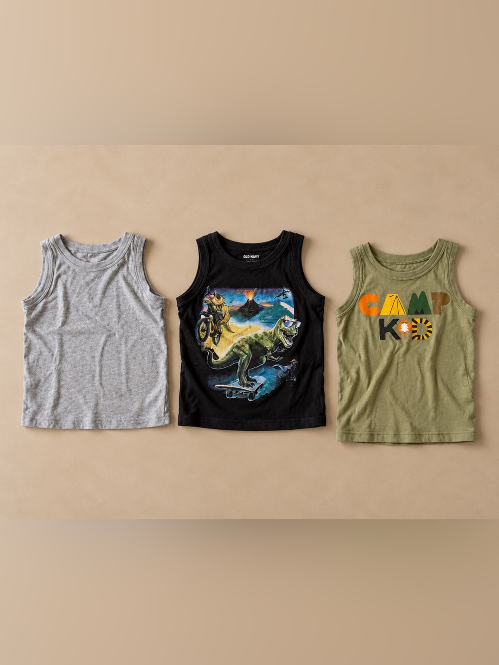Old Navy Boys 4T Tank Top Bundle 3 Pc Dinosaur Camp Graphic Basics